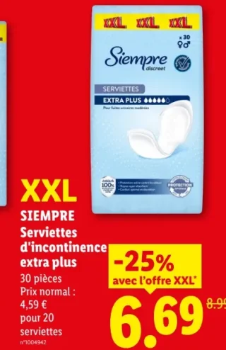 Serviettes d'incontinence extra plus SIEMPRE