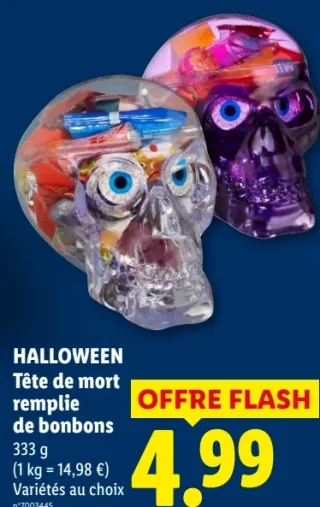 Tête de mort remplie de bonbons Halloween