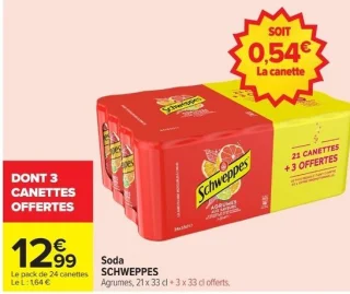 Soda SCHWEPPES Agrumes, 21 x 33 cl + 3 x 33 cl offerts.