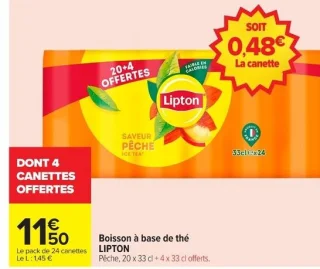 Boisson à base de thé LIPTON Pêche, 20 x 33 cl + 4 x 33 cl offerts.