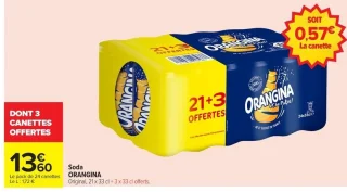 Soda ORANGINA Original, 21 x 33 cl + 3 x 33 cl offerts.