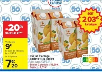 Pur jus d'orange CARREFOUR EXTRA Sans pulpe