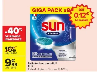 Tablettes lave vaisselle SUN Tout en 1 : Original ou Citron, par 86, 1.419 kg