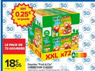 Gourdes "Fruit & Cie" CARREFOUR CLASSIC' - Sans sucres ajoutés, Fruits panachés, 72 x 90 g.