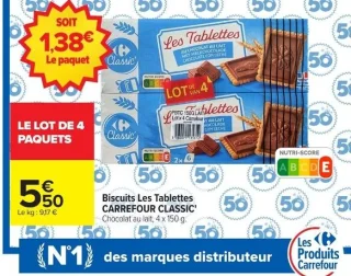 Biscuits Les Tablettes CARREFOUR CLASSIC' - Chocolat au lait, 4 x 150 g.