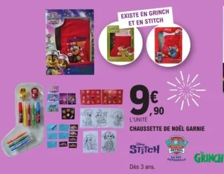 Chaussette de Noël garnie Disney Stitch, La Pat' Patrouille ou Le Grinch
