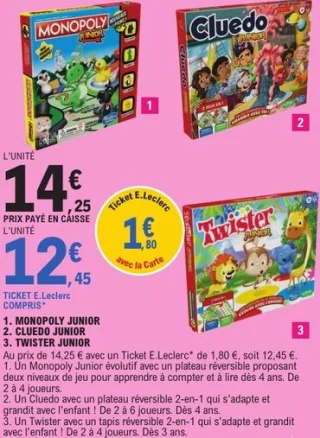 Jeu de société Monopoly Junior, Cluedo Junior ou Twister Junior