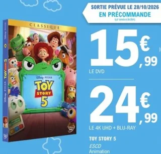 DVD ou 4K UHD + Blu-Ray Toy Story 5 ESCD
