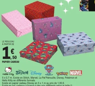 Papier cadeau licence Disney, Pokémon, Marvel, Hello Kitty, Stitch, La Pat'Patrouille