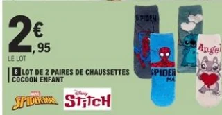 Lot de 2 paires de chaussettes cocoon enfant Marvel Spider-Man / Disney Stitch