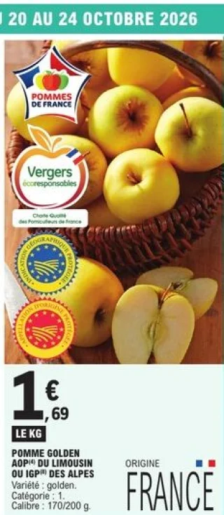 Pomme Golden AOP du Limousin ou IGP des Alpes