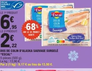 Dos de colin d'Alaska sauvage surgelé Escal