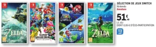 Sélection de jeux Nintendo Switch (Zelda, Super Smash Bros, Mario Galaxy)