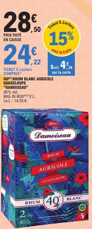 IGP Rhum Blanc Agricole Guadeloupe Damoiseau 40% vol. 2 L