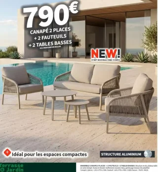 Ensemble Canapé 2 places + 2 fauteuils + 2 tables basses Conforama