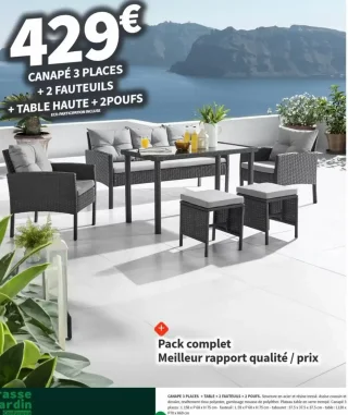 Ensemble salon de jardin : Canapé 3 places, 2 fauteuils, table haute et 2 poufs Conforama