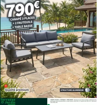 Ensemble salon de jardin : Canapé 3 places + 2 fauteuils + table basse Conforama