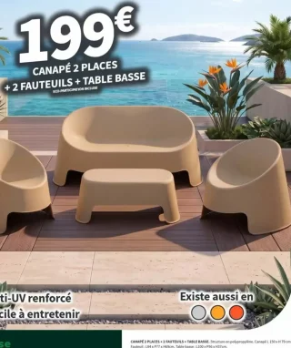 Ensemble salon de jardin : Canapé 2 places + 2 fauteuils + table basse Conforama