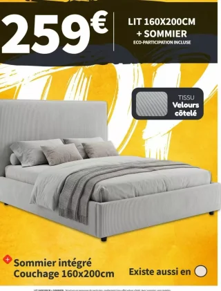 Lit 160x200cm + sommier en tissu velours côtelé Conforama