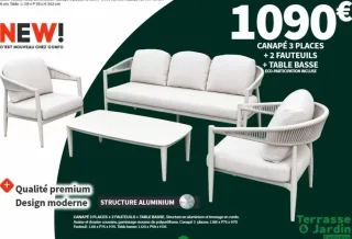 Canapé 3 places + 2 fauteuils + table basse structure aluminium