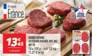 Viande bovine : 12 steaks hachés 20% mg 