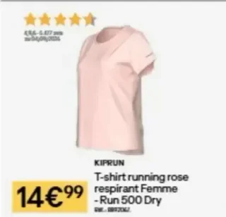 KIPRUN T-shirt running rose respirant Femme - Run 500 Dry
