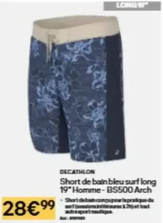 DECATHLON Short de bain bleu surf long 19" Homme - BS500 Arch
