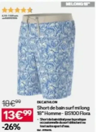 DECATHLON Short de bain surf mi long 18" Homme - BS100 Flora
