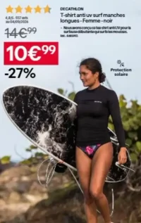 T-shirt anti uv surf manches longues - Femme - noir Decathlon