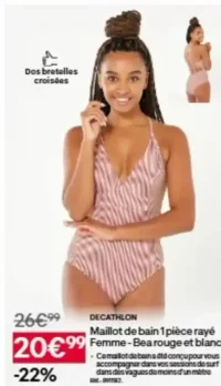 Maillot de bain 1 pièce rayé Femme - Bea rouge et blanc DECATHLON