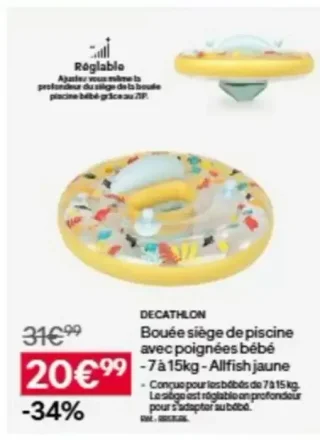 DECATHLON Bouée siège de piscine avec poignées bébé - 7 à 15kg - Allfish jaune