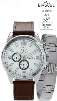 Coffret montre homme Bivouac bracelet cuir marron - Étanche 30 m + bracelet - Réf. 171406