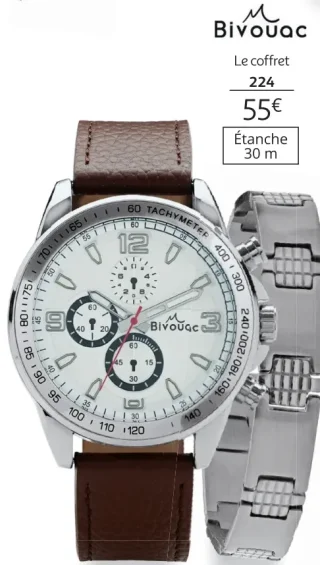Coffret montre homme Bivouac bracelet cuir marron - Étanche 30 m + bracelet - Réf. 171406