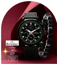 Coffret montre homme Bivouac bracelet cuir noir - Étanche 50 m + bracelet fantaisie - Réf. 171408