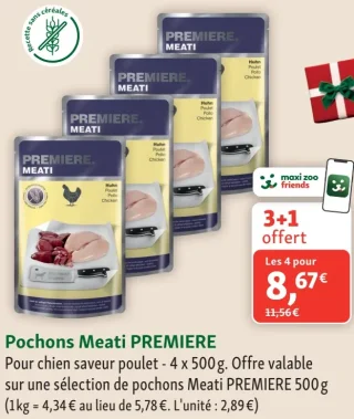 Pochons Meati PREMIERE pour chien saveur poulet 500g