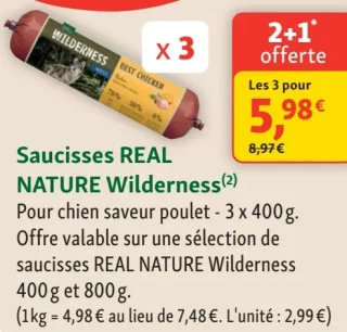 Saucisses REAL NATURE Wilderness Pour chien saveur poulet - 3 x 400g