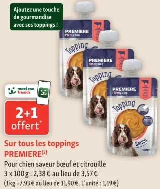 Topping PREMIERE pour chien saveur bœuf et citrouille 3 x 100 g