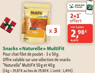 Snacks « Naturelle » MultiFit Pour chat filet de poulet - 3 x 50g