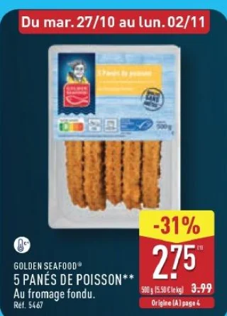 5 Panés de poisson au fromage fondu Golden Seafood