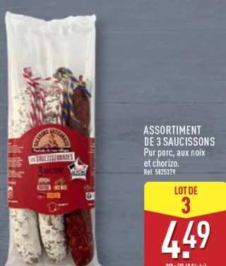 Assortiment de 3 saucissons Pur porc, aux noix et chorizo