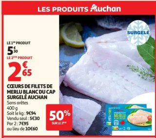 Cœurs de filets de merlu blanc du Cap surgelé Auchan