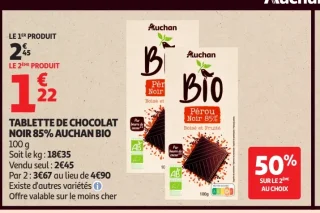 Tablette de chocolat noir 85% Auchan Bio