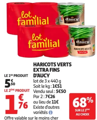 HARICOTS VERTS EXTRA FINS D'AUCY lot de 3 x 440 g
