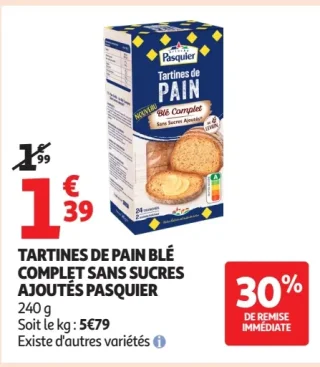 Tartines de pain blé complet sans sucres ajoutés Pasquier