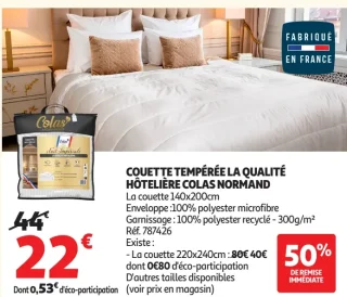 Couette tempérée la qualité hôtelière Colas Normand
