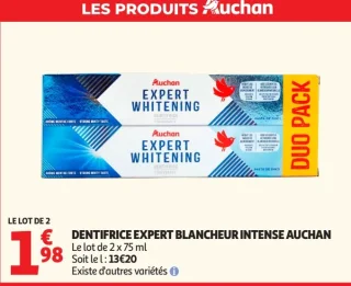 DENTIFRICE EXPERT BLANCHEUR INTENSE AUCHAN Le lot de 2 x 75 ml