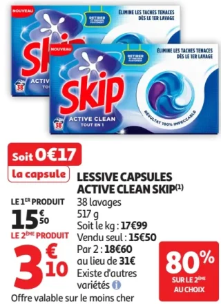 LESSIVE CAPSULES ACTIVE CLEAN SKIP 38 lavages 517 g