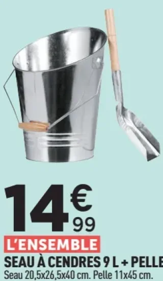 L'ensemble seau à cendres 9 L + pelle