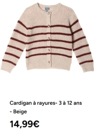 Cardigan à rayures- 3 à 12 ans - Beige