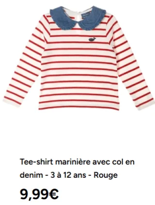 Tee-shirt marinière avec col en denim - 3 à 12 ans - Rouge